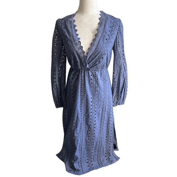 BARDOT Blue Eyelet Long Sleeve Maxi Dress US 6. - Picture 3 of 11